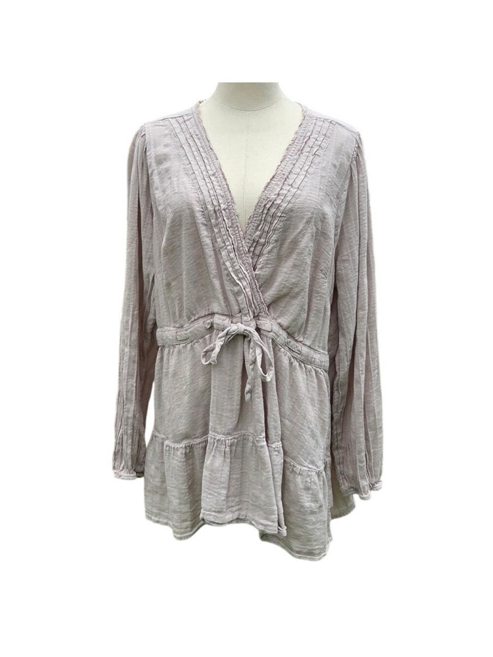 Torrid Tan Cotton Blend Boho V Neck Long Sleeve Gathered Waist Top Womens Size